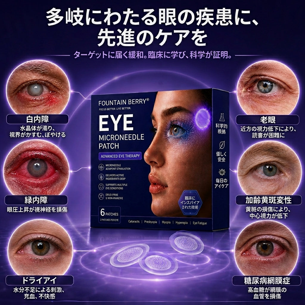 フォンテン・ベリー™ 経皮吸収型視力回復アイマイクロダーツパッチ ✅ PMDA（医薬品医療機器総合機構）承認済み（老視・ドライアイ・緑内障・白内障に適応）
