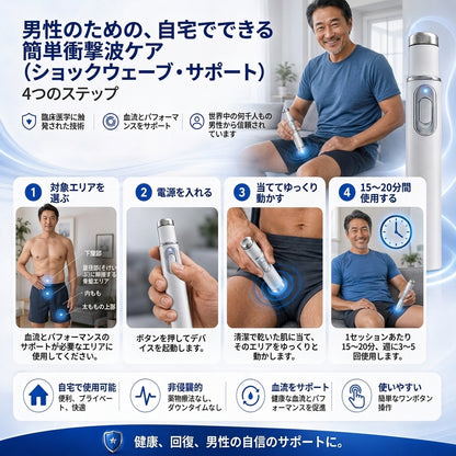 先進的音響衝撃波療法 – 陰茎組織の健康を回復し、勃起硬度・持久力・男性としての自信を高めると同時に、筋肉痛・関節のこわばり・腱の不快感を和らげます。