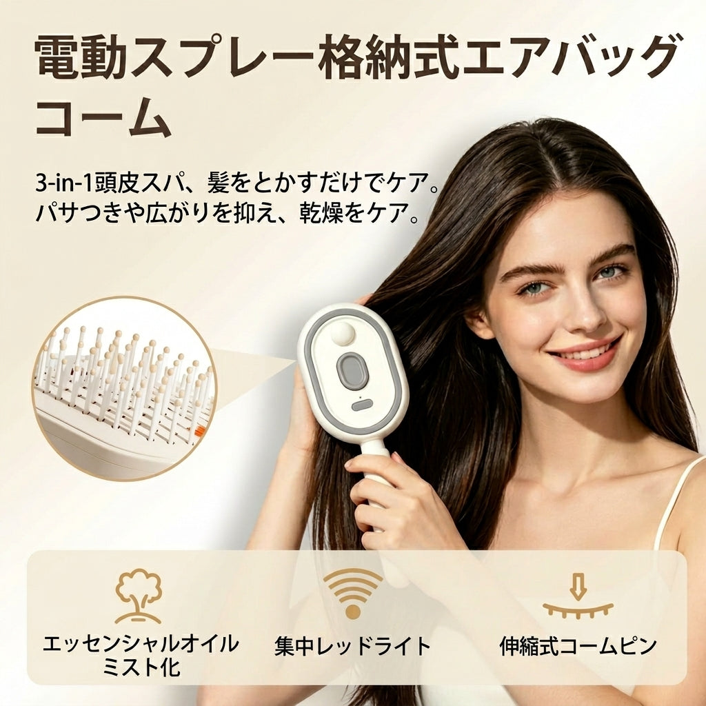 ✨ 電動スプレーコーム – ナノミスト、静電気防止、頭皮マッサージ
