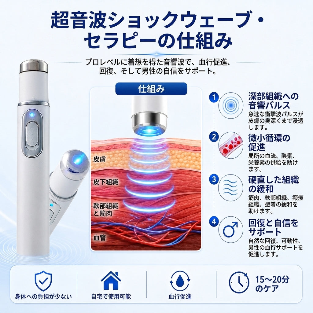 先進的音響衝撃波療法 – 陰茎組織の健康を回復し、勃起硬度・持久力・男性としての自信を高めると同時に、筋肉痛・関節のこわばり・腱の不快感を和らげます。
